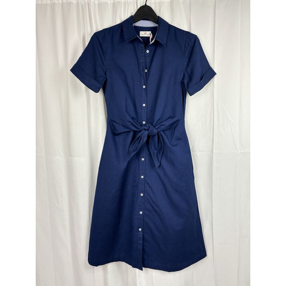 NWT Vineyard Vines Women's Westerly Tie Front Button Up Linen Shirt Dress Navy 0